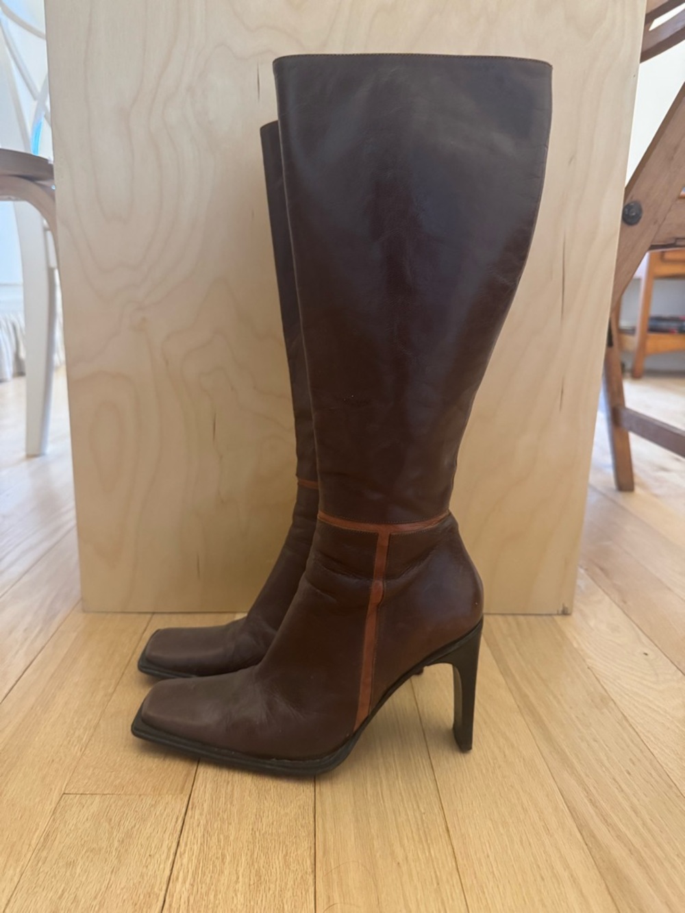 Brown Leather Knee-High Square Toe Heeled Boots